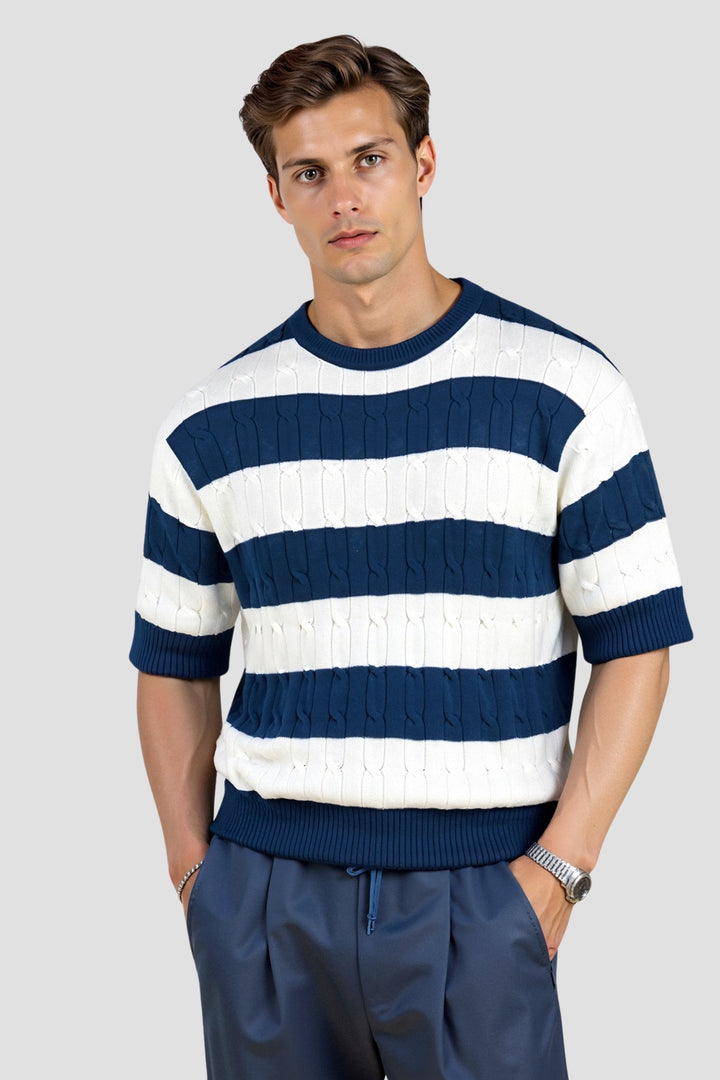 BENSON Crew Neck Cable Knit Striped T-Shirt
