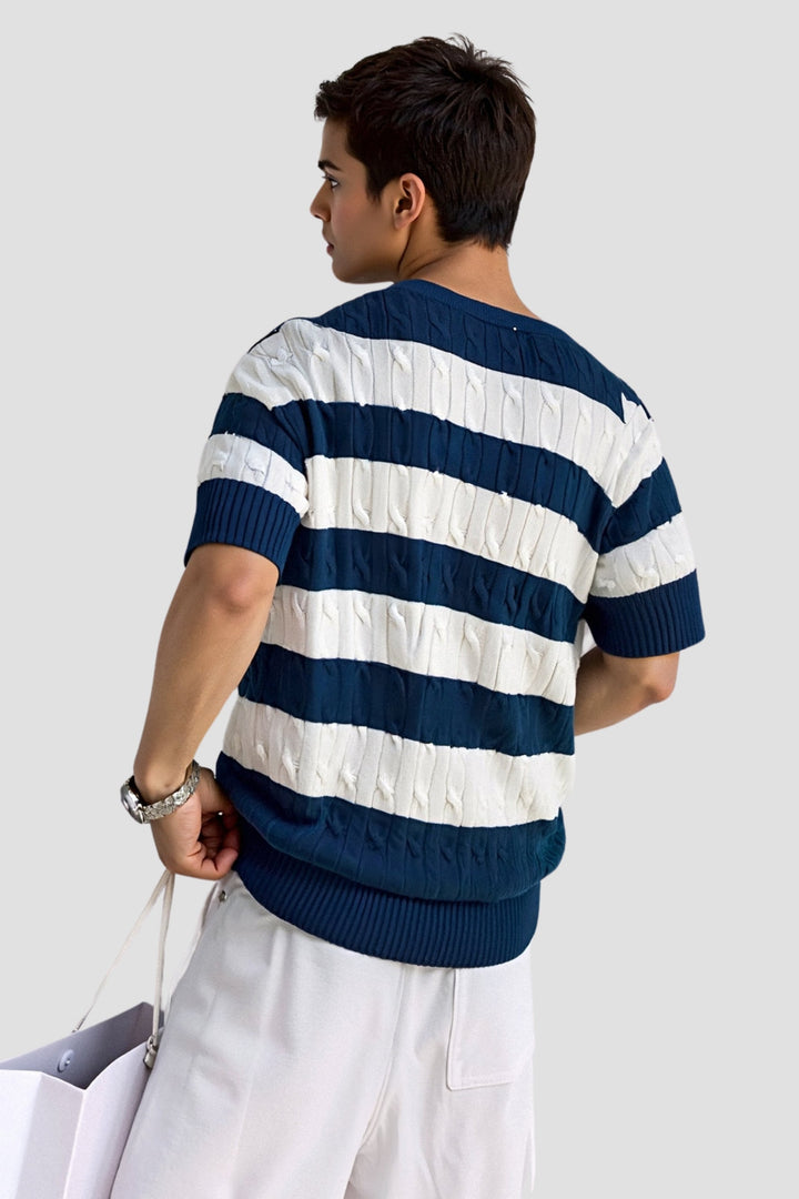 BENSON Crew Neck Cable Knit Striped T-Shirt