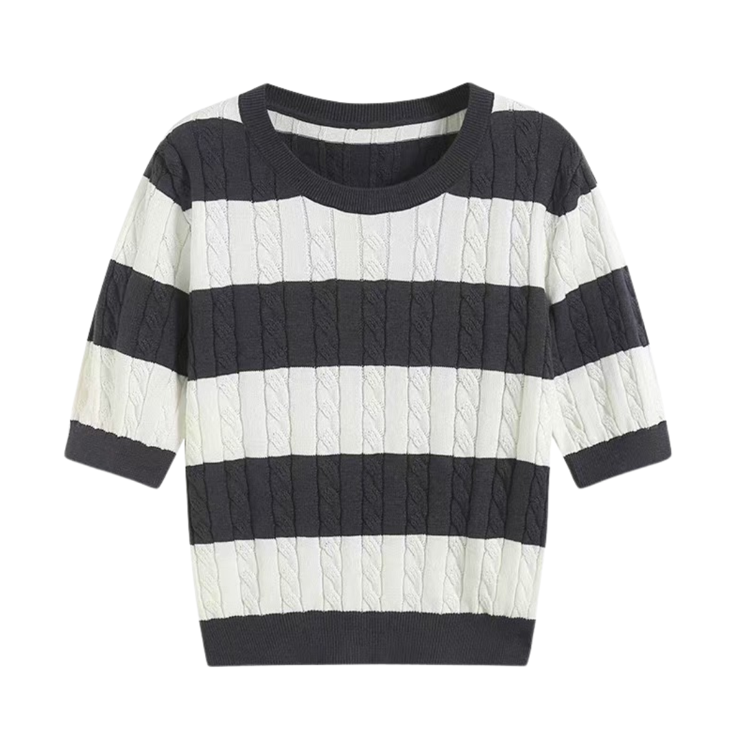 BENSON Crew Neck Cable Knit Striped T-Shirt