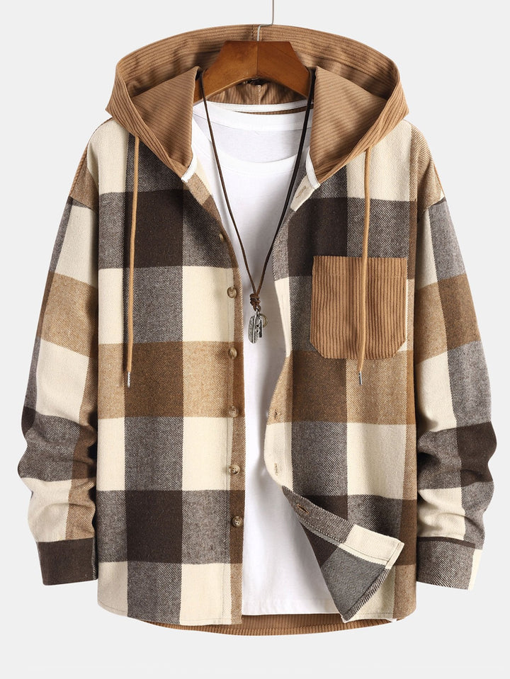 Charles | Relaxed Fit Flannel Check Corduroy Patchwork Hoodie Shirt